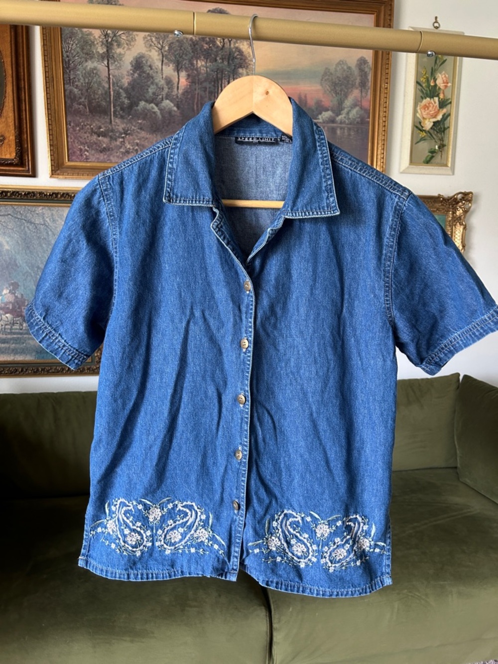 Vintage 100% Cotton Denim Button-Up Top with Embroidered Hem